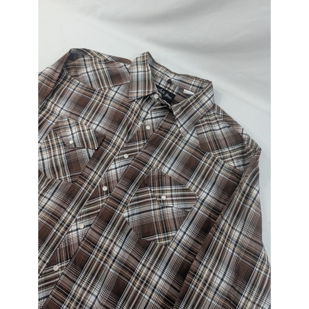 VTG White Horse Pearl‎ Snap Shirt Big XL Brown Plaid Short Sleeve Western Cowboy
